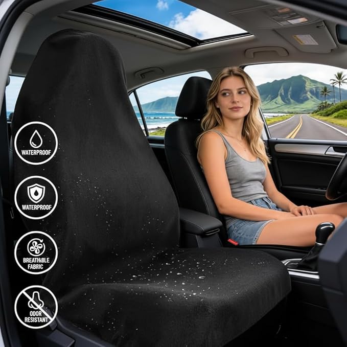 ZIMABLUE 1PC Waterproof Towel Car Seat Cover - 525g Heavy Duty 3-Layer Microfiber Sweat Protector for Bucket Seats - Non-Slip Machine Washable Universal Fit for Gym, Yoga, Beach, Pets & Outdoors-Black