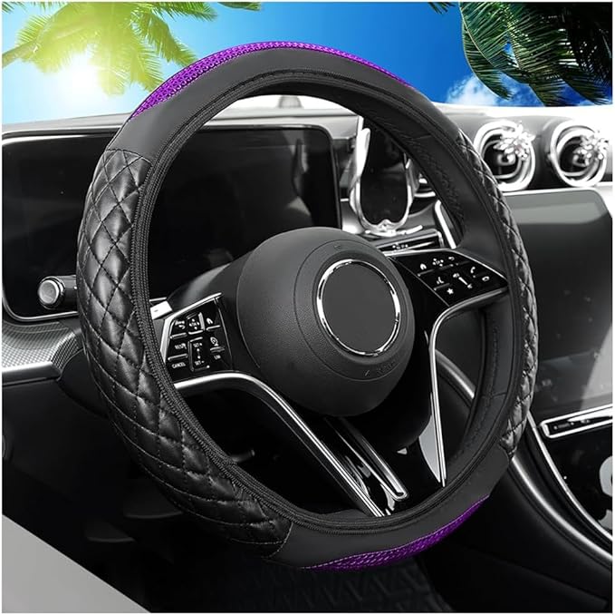 Car Steering Wheel Cover, 14.96" Leather Anti-Slip Vehicle Steering Wheel Protector with Fish Scale Graphic Grip, Automobile Interior Protection, Universal for Sedan Truck SUV (Purple)