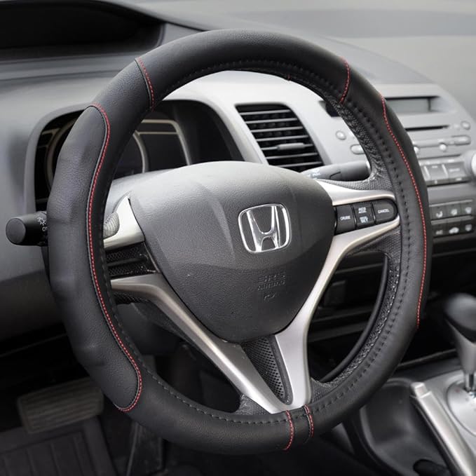 Motor Trend Ergonomic Steering Wheel Cover/Protector for Small Size Steering Wheels in Cars, SUVs, Boats (13.5-14.5") - Grip Drive Pro Comfort Grip (Black/Red Stitching)