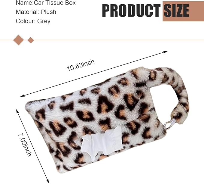 Leopard Print Car Tissue Bag, Cute Plush Hanging Tissue Holder, Multi-Functional Car Backseat Hanging Storage Bag, Universal for Small-Size Tissues (Gray)