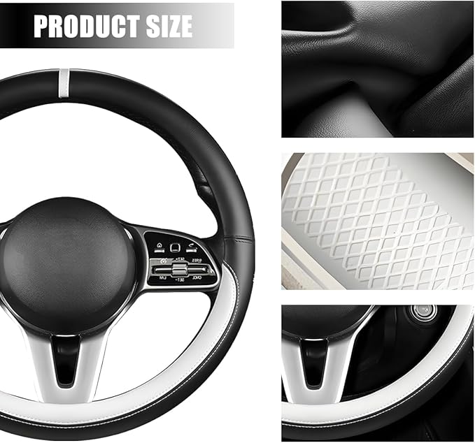 Car Steering Wheel Cover, 15 Inch Leather Anti-Slip Breathable Vehicle Steering Wheel Protector, Automotive Interior Protection Accessories, Universal for SUV Sedan Truck (Black/White)