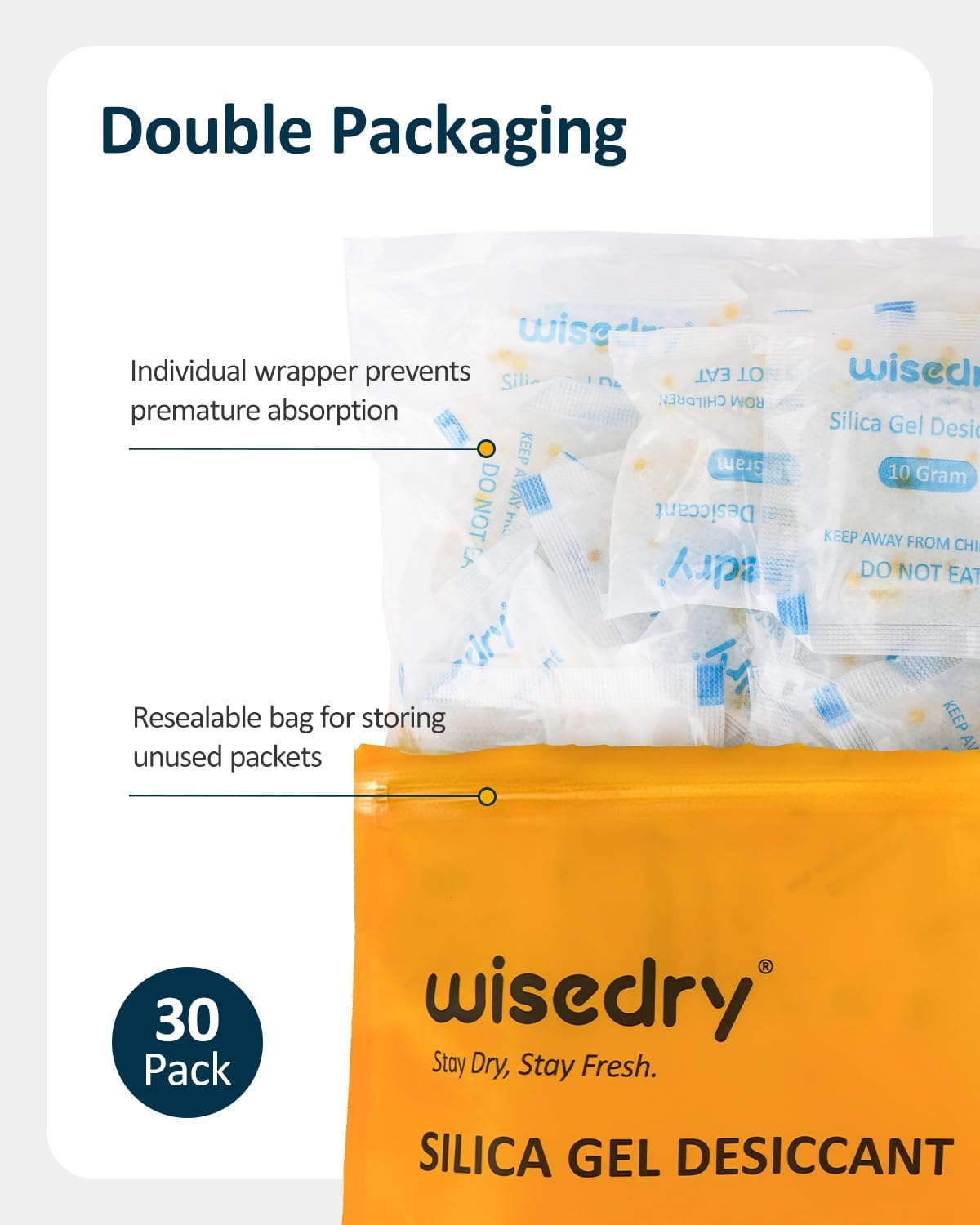 wisedry 10 Gram [30 Packs] Silica Gel Desiccant Packets Reusable for Moisture with Color Indicating Rechargeable Small Dessicant Packs Food Grade