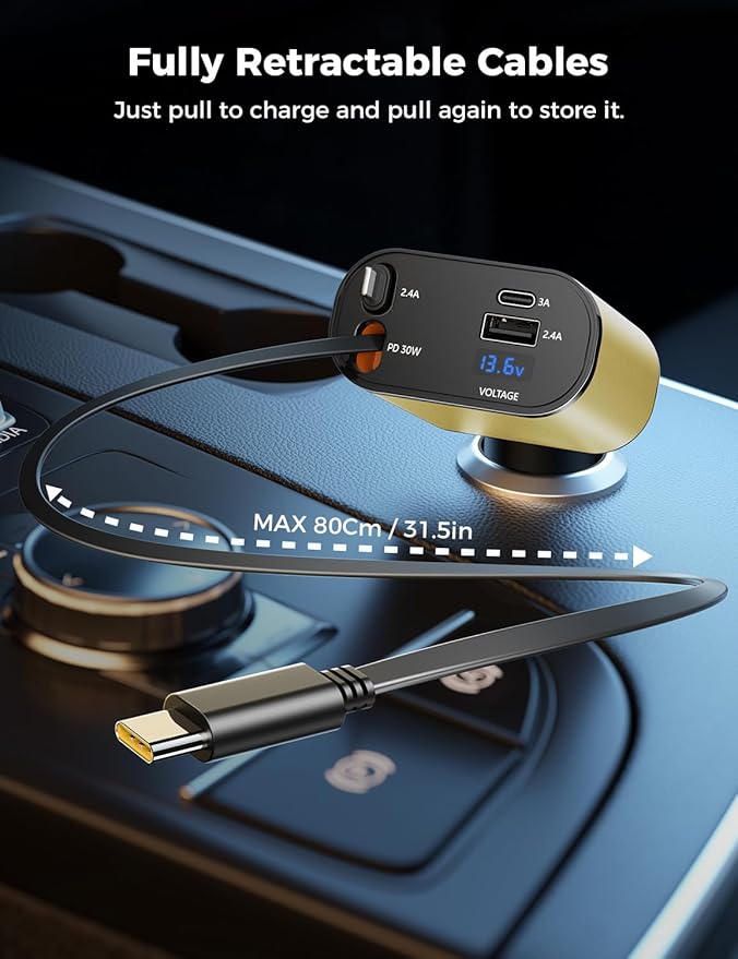 【Upgraded】 SUPERONE Retractable Car Charger 4 in 1, Fast Car Phone Charger with Cord 2.6ft, USB C and Apple Car Charger Adapter, Compatible with iPhone 17/16/15/15 Pro Max/14/13/12/11, Galaxy, Pixel