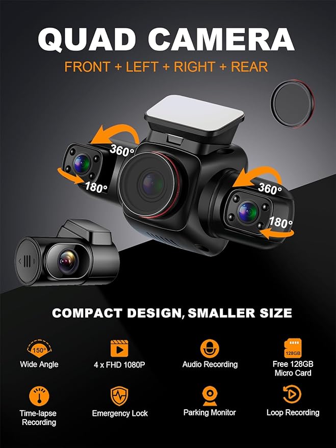PRUVEEO 360 Degree View 4 Channel Dash Cam Front and Rear Inside Left Right, Dash Camera for Cars with CPL, Built-in GPS WiFi Night Vision, 24/7 Recording Parking Mode Monitor, Free 128G Card
