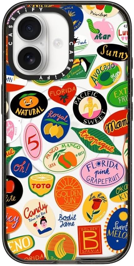 CASETiFY Impact iPhone 17 Case [Slim/Compatible with Magsafe / 8.2 ft. 4X Military Grade Drop Protection] - Fruit Stickers - Clear Black