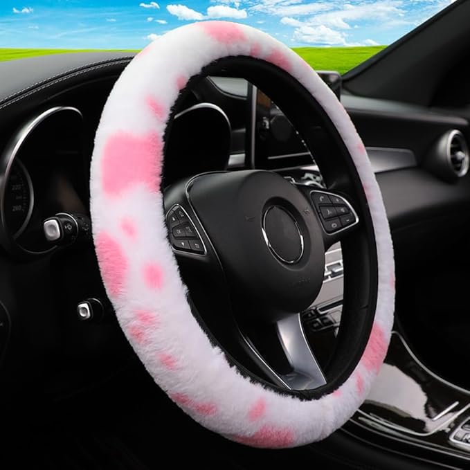 ALEMODR Pink Cow Print Plush Steering Wheel Cover Fluffy Winter Warm Universal 15 inch for Women Girls