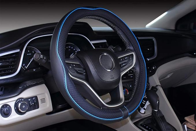 Mayco Bell Small Size Steering Wheel Cover Anti-Slip,Safety,Soft,Breathable,Durable,Full Surround,Comfortable Grip Microfiber Leather (14-14.25 inch,Black Blue)