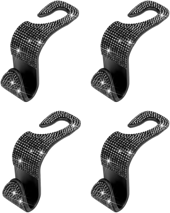 4PCS Bling Car Seat Headrest Hooks, Crystal Rhinestone Vehicle Back Seat Hanger Holder, Auto Interior Headrest Hanging Storage Organizer for Purse Handbag Coat, Universal Fit (Black)