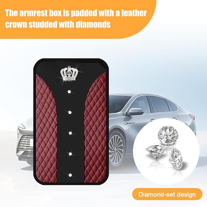 Bling Car Center Console Cover, Crown Crystal Rhinestones Vehicle Armrest Mat Protector, Anti Slip Sparkling Automotive Arm Rest Seat Box Cushion Pad Decor Accessories, Universal Fit (Wine Red)
