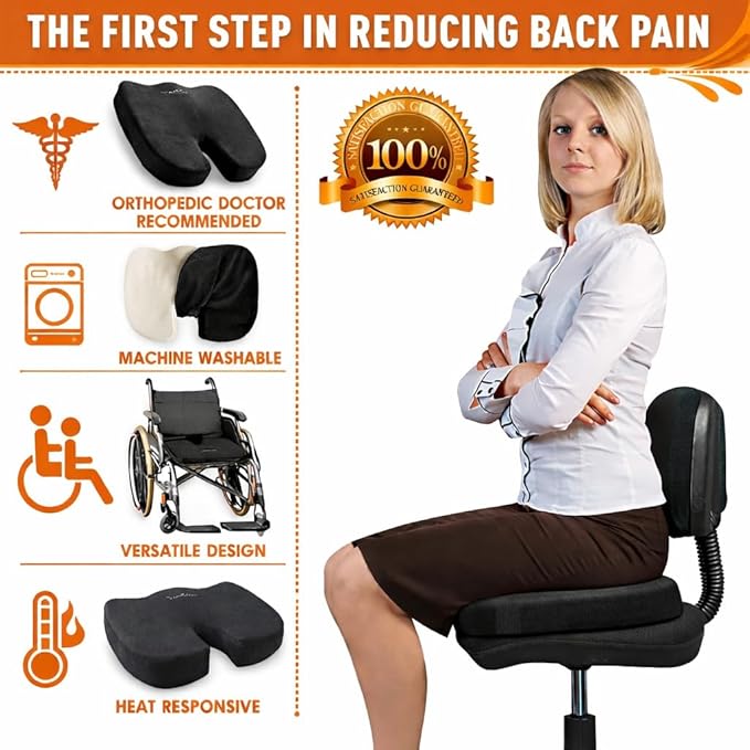Premium Memory Foam Seat Cushion with Carrying Bag & Cooling Gel for Office Chair, Wheelchair, Travel, Car Seat, Gaming Chair for Coccyx & Tailbone Pain, Back Pain Relief, Sciatica Support