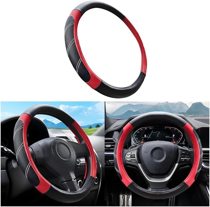 Mandark Car Steering Wheel Cover, Elastic Sport Leather Vehicle Steering Wheel Protector, Non-Slip Soft Grip Padded Auto Interior Protective Accessories, 14.5-15 Inch Universal Fit（Red）