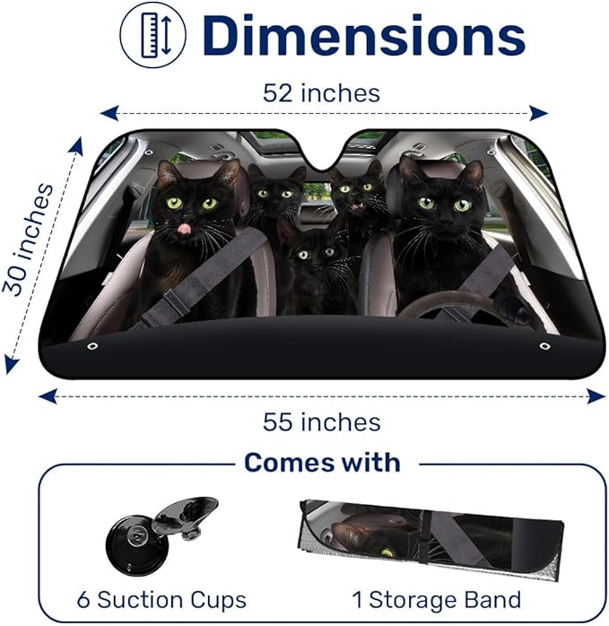 GENANY Black Cat Family Funny Windshield Sun Shade for Car SUV Truck (55x30 Inches), Sun Shade Windshield, Shades for Front Windows, Halloween Auto Gift, Christmas Car Decor