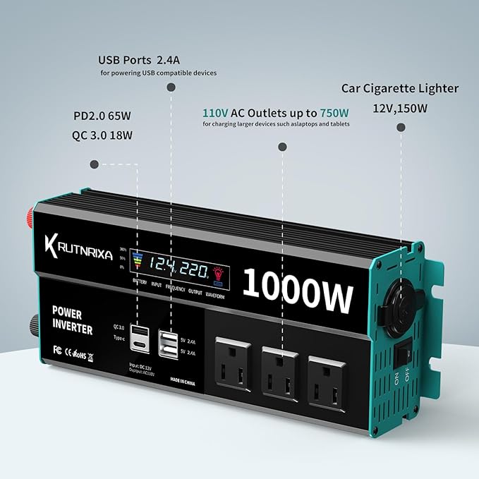 1000W Power Inverters 12V DC to 110V AC Converter for Vehicles USB-C/PD 25 Watts Fast Charging Ports Car Charger Adapter with a Cigarette Lighter Ports Plug Outlet