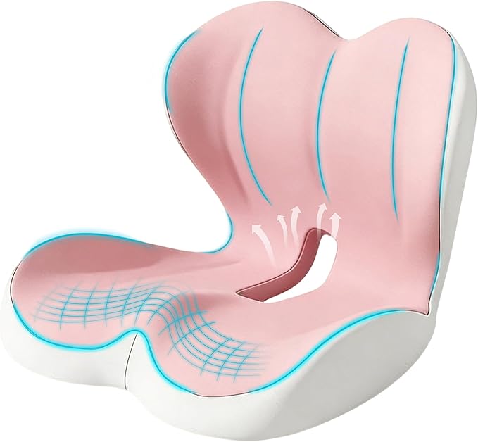 Seat Cushion for Office Chair and Car, Lumbar Support Pillow for Office Chair, Memory Foam Ergonomic Seat Cushion for Long Sitting, Back & Tailbone Pain, Sciatica - Pink & Gray
