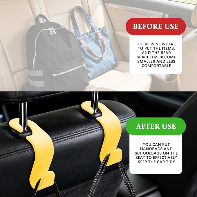 4PCS Car Seat Headrest Hooks, Purse Hook for Car, Auto Back Seat Organizer Storage Hanger Holder, Auto Accessories Multi-Use Portable Headrest Organizer Holder for Purse Handbag Coats (Yellow)