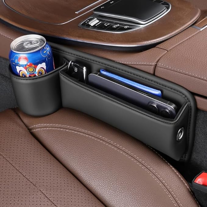 Car Seat Gap Filler Organizer with Cup Holders, Seat Gap Storage Box for Drinks, Phones, Keys, Sunglasses, Cards, and Small Essentials (Beige, Driver's Seat)