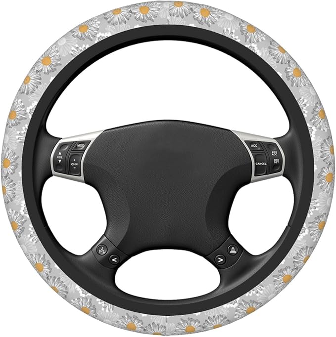 Floral Daisy Steering Wheel Cover Women Men Vintage Flower Elastic Stretch Soft Car Wheel Protector Universal Breathable No-Slip Car Accessories for Truck Van SUV Auto Fit 14-15 Inches