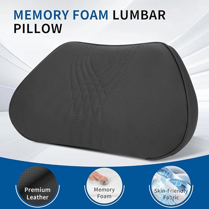 Lumbar Support Pillow for Car Seat, Office Chair Nappa Leather Memory Foam Lower Back Cushion for Back Pain Relief Improve Posture, Ergonomic Back Rest for Gaming Chair, Black, 1PC