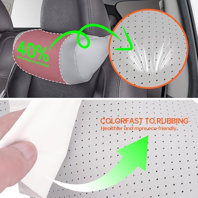 Car Neck Pillow, headrest, Cushion. Three-Point fit to The Neck Curve, Stable Support for The Cervical Spine, relieves Neck Soreness. Perforated PU Leather with high Breathability, Durable 1P（Grey）