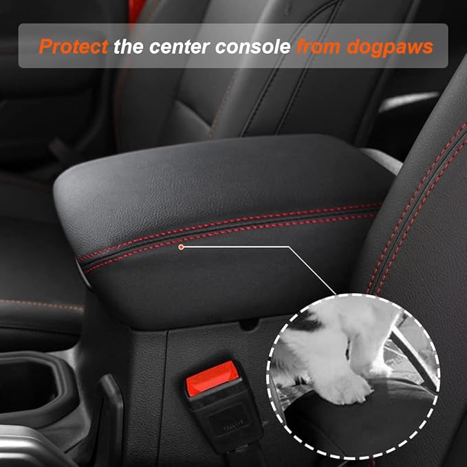 DEYTOP Center Console Cover for Jeep Wrangler JL JLU 2026 2018-2025 Armrest Cover for Jeep Gladiator JT 2020-2026 Car Cushion Protector Pad for JL&JT (NOT for JK/JKU)(Black with Red Stitches)