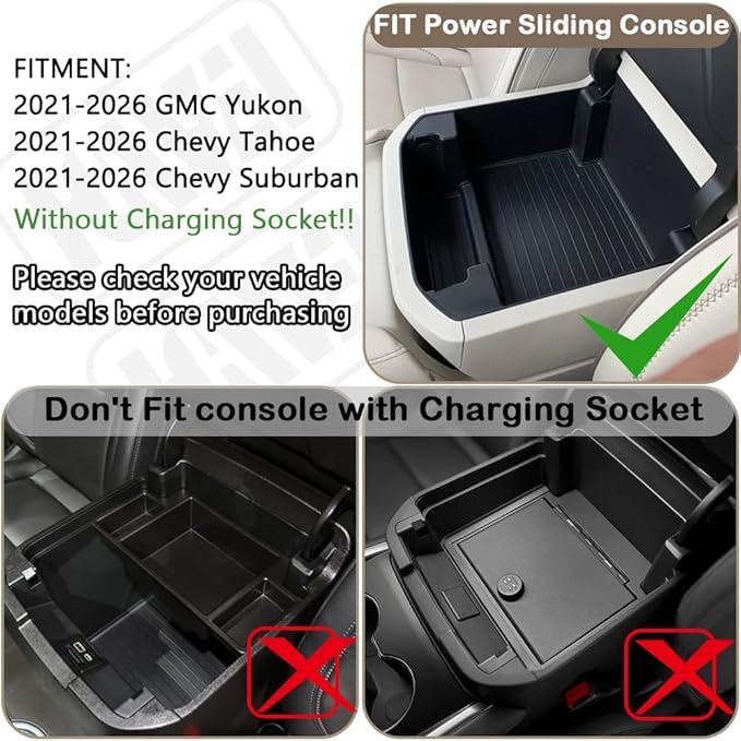 HGWEI Power Sliding Center Console Organizer Compatible with 2021-2026 GMC Yukon Chevy Tahoe Suburban Interior Accessories, Armrest Storage Box Insert Tray (Not for Console with Charging Socket) Black