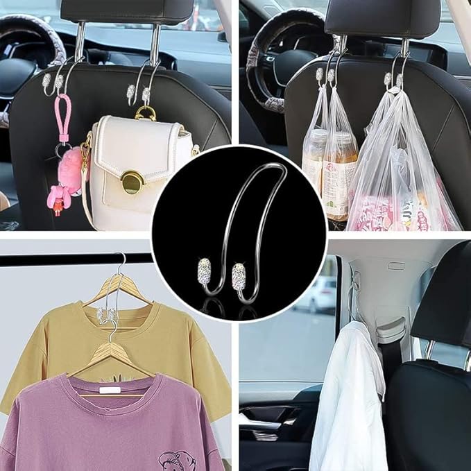 Guoord 2024 Upgraded Car Headrest Hook Decorations - 2pcs Bling Purse Hook Hangers, Stainless Steel Car Hangers and Durable Backseat Holder, Universal SUV Truck Vehicle (White)