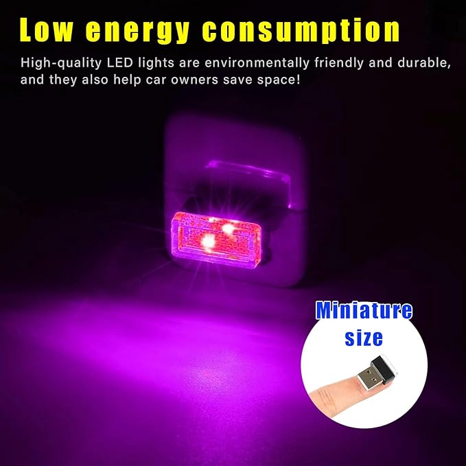 Augeny 4 PCS USB LED Car Interior Atmosphere Lamp, Plug-in USB Decor Night Light, Portable Auto Ambient Lighting Kit, Universal Vehicle Interior Accessories for Most Cars (White & Purple)