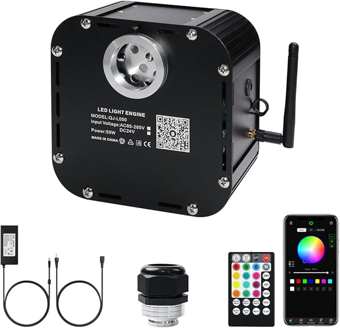 AMKI High Brightness 50W Twinkle Sound Mode RGBW Light Source Engine Driver Remote/APP Control Starlight Box Motor for Fiber Optic Star Ceiling Light Kit