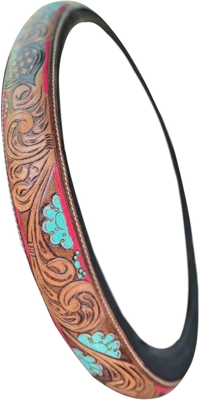 Steering Wheel Cover Western Car Tooled Leather Retro Cowboy Car & Truck Accessory, Universal 15 Inch Non Slip Wheel Cover for SUV, Pickup, Comfortable Grip, Easy to Install (Coffee)