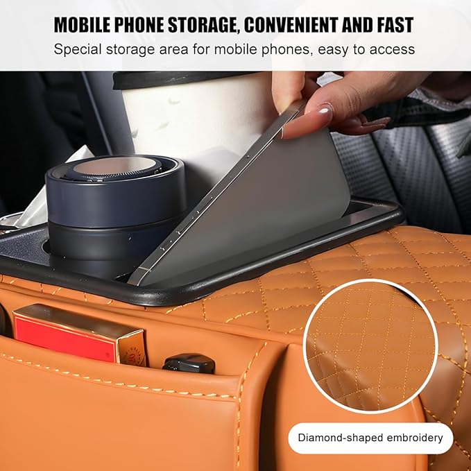 Car Armrest Cushion, 5-in-1 Nappa Leather Vehicle Centre Console Cover with 2 Storage Pockets, Cup Phone & Phone Holder, Multifunctional Auto Organiser Accessories, Universal Fit (Yellow)