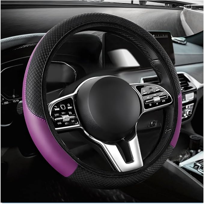 Car Steering Wheel Cover, 15 Inch Anti-Slip Stretch Leather Steering Wheel Protector, Comfortable Breathable Sporty Steering Wheel Cover for Women Men, Car Accessories (Black & Purple, AD)