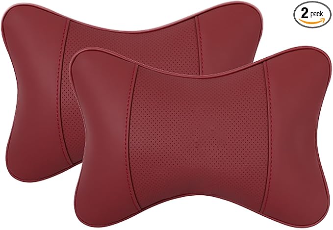 Car Pillow for Car Neck Pillow for Driving Seat Leather Neck Support Soft Cushion Support Head-Rests for Vehicle Sleeping with Elastic Adjustment Strap 2PCS (Neck, Red)
