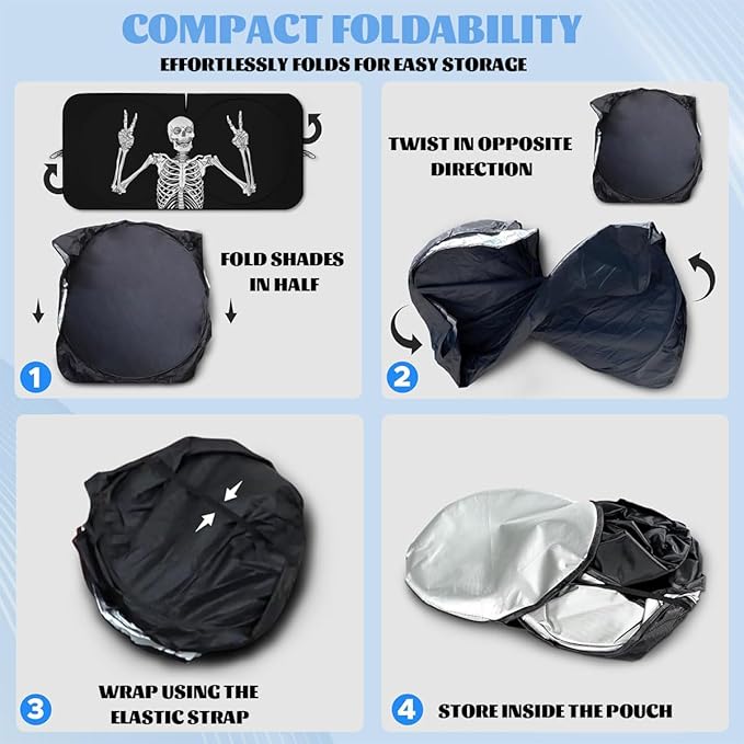 Funny Skull Car Windshield Sunshade Folding Human Skeleton Black Heatshield Front Window Car Sun Shade Windshield Rays Sun Shade Visor Protector for Car Sedan Truck SUV Accessories 59" L x 31.5" W