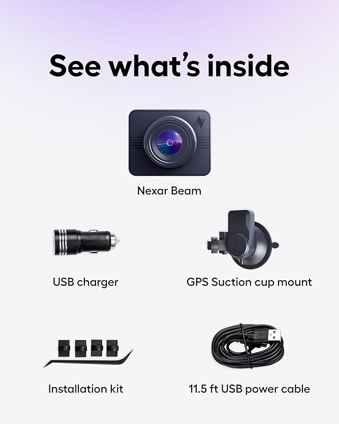 Nexar Beam GPS Dash Cam - Dash Camera for Cars with 32GB SD Card Included Unlimited Cloud Storage 24H Parking Mode Dash Cam for Cars. Wireless Car Camera with Nexar Classic App