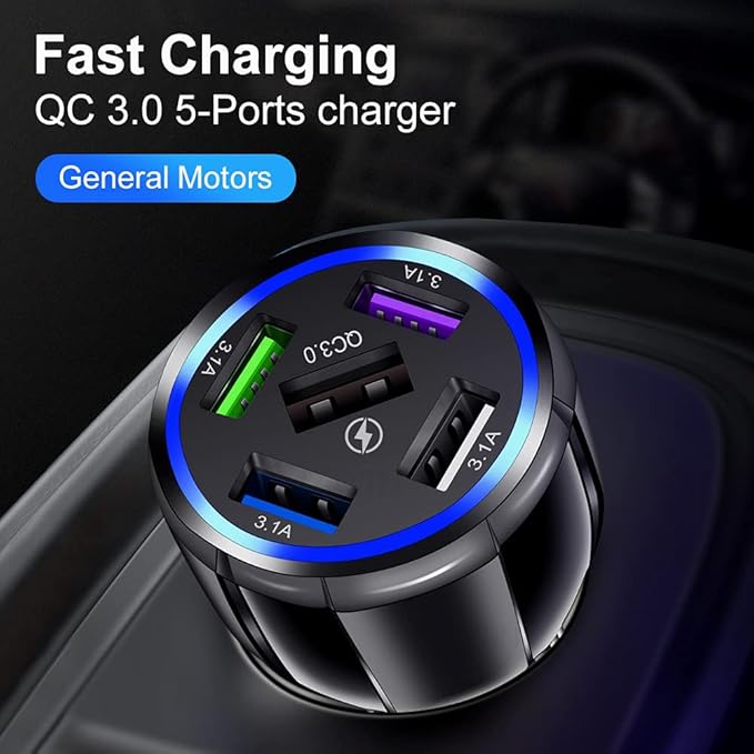Car Charger Adapter, 5 Port QC3.0 Fast Charging Car Cigarette Lighter USB Charger, Compatible with iPhone, Android, Samsung, iPad Pro, and More (Black)