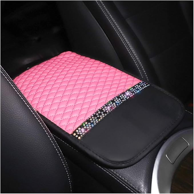 Bling Leather Car Center Console Cover, Car Center Console Protector With Glossy Crystal Rhinestone, Universal Waterproof Car Armrest Seat Box Cover For Most Car, Vehicles, SUVs, Trucks (Pink)