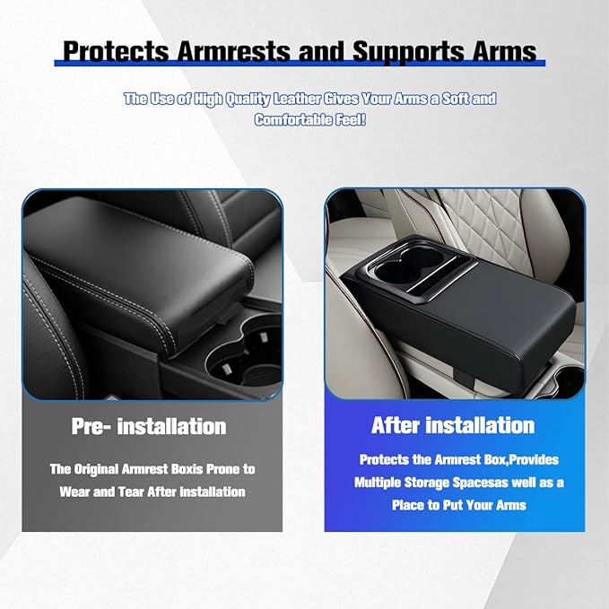 Car Center Console Armrest Pillow, Vehicle Armrest Seat Box Cushion Pad with Cup Holder & Phone Holder, Comfortable Auto Middle Console Cover, Universal for SUV RV Truck (Black)