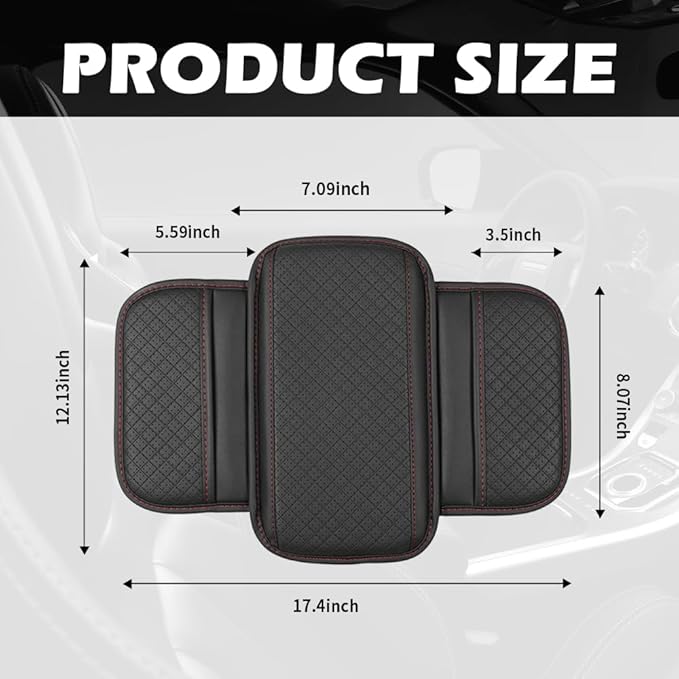 Car Center Console Cover with Storage Bag,Heighted Arm Rest Cover for Car with Square Press Pattern & Air Ventilation Hole for Soft Support,Artificial Leather Cars Middle Console Covers