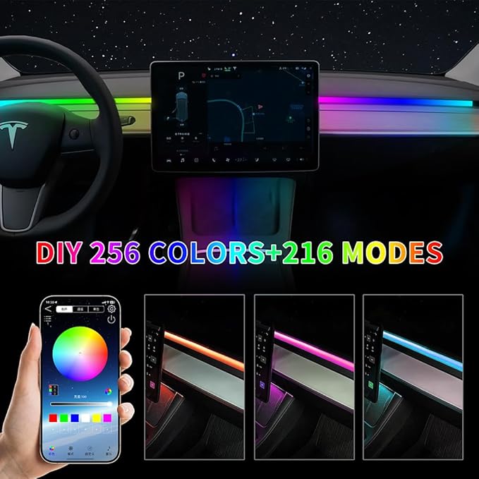 for Tesla Model 3 Y RGB Dreamcolor LED Neon Light Kits Dashboard Ambient Lighting Interior Lights 2025 2024 2023 2022 2021 Accessories Accessory, App & Remote & USB Hub, DC 12V
