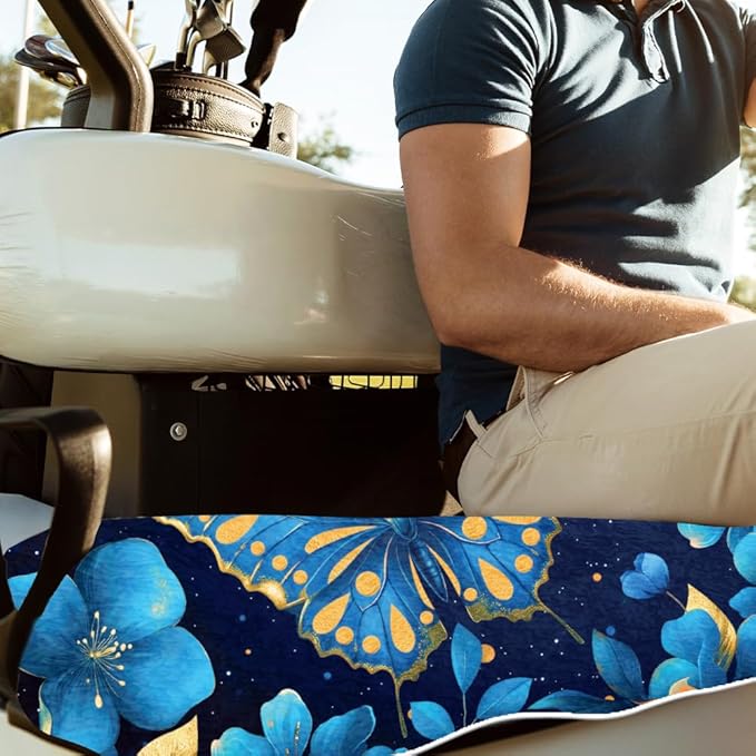 ORIGACH Blue Butterfly Golf Cart Seat Covers, Comfortable Cooling Golf Cart Blanket Towel, 100% Microfiber, Fits EZGO, Club Car, and More 2-Seat Golf Carts, 51x31inch