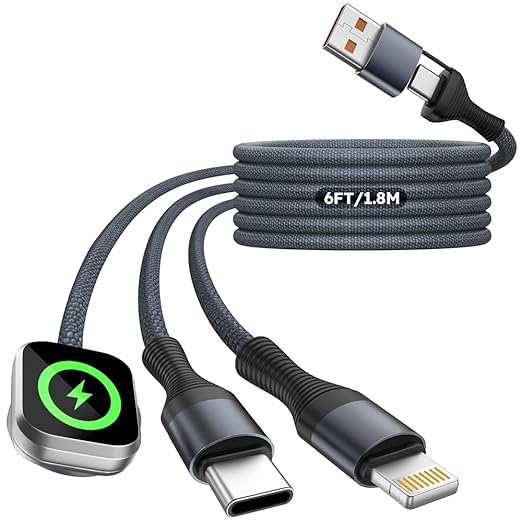 Travel Essentials 3in2 Multi Charging Cable for iPhone Watch Charger,USB A/C to Type C/IP/iWatch Charger, Charging Cords for Multiple Devices Compatible with iWatch Series&iPhone 17-12 6FT