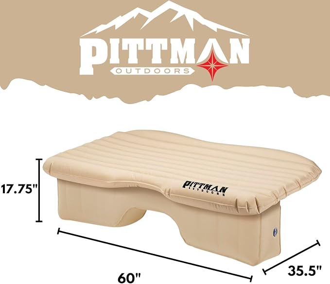 Pittman Outdoors Backseat Bed Air Mattress – 60” Rear Seat Air Mattress for Trucks, Vans & Large SUV – Includes Pump, Pillow & Storage Bag – Inflatable Back Seat Air Mattress – Tan
