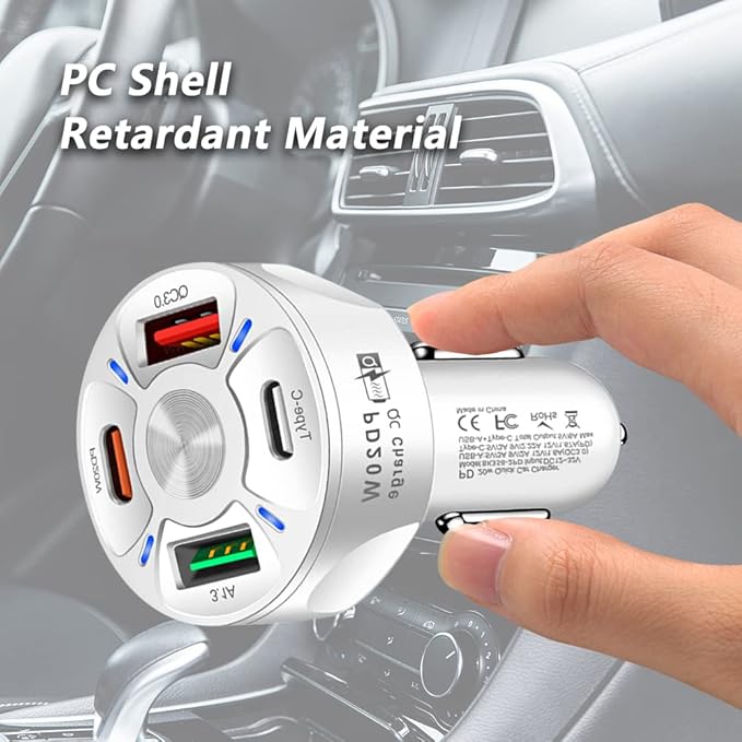 4 Port Car Charger USB C Adapter with LED Light,Quick Charge with Type C/PD 20W/QC 3.0 Fast Charging CCar Cigarette Lighter Adapter for iPhone 14 13 12 S22 S21 S20 iPad Pro& More Car (White)