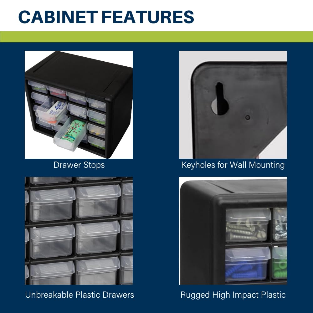 Akro-Mils 16-Drawer Plastic Drawer Storage Cabinet for Garage Organization, Beads, Makeup Organizer, Building Bricks Storage, Teacher Toolbox, 10-1/2-Inch W x 6-1/2-Inch D x 8-1/2-Inch H, 10116 Black