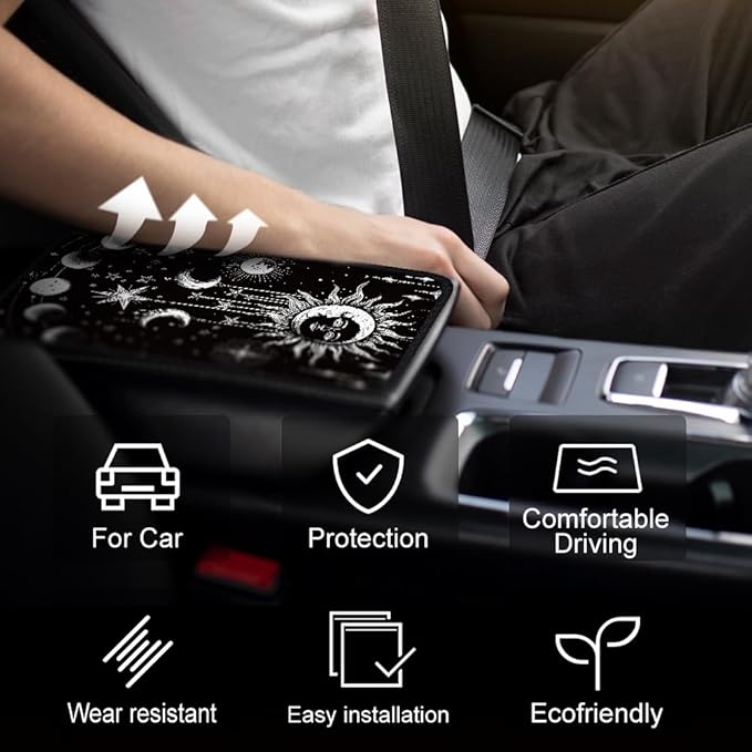 1pc Center Console Armrest Cover Pad 12.6x7.5 inch Sun Moon Star Neoprene Car Armrest Cushion Waterproof Armrests Seat Box Cover Protector for Universal Cars Vehicles SUVs