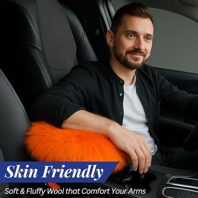 Andalus Brands Pure Australian Sheepskin Fluffy Car Center Console Cover, Luxurious Non-Shedding Furry Arm Rest Cover for Car, Versatile for All Seasons, Orange - (11.47" X 6.3")
