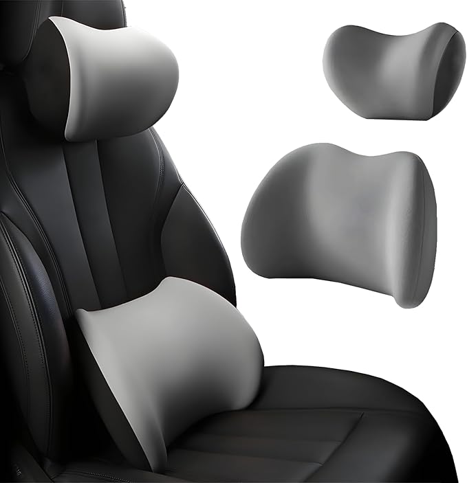 Car Headrest & Lumbar Support Cushion, Car Headrest and Lumbar Support, Ergonomic Car Seat Headrest & Lumbar Cushion, Car Head Rest and Lumbar Pillow Set for Neck Back Pain Relief (Gray)