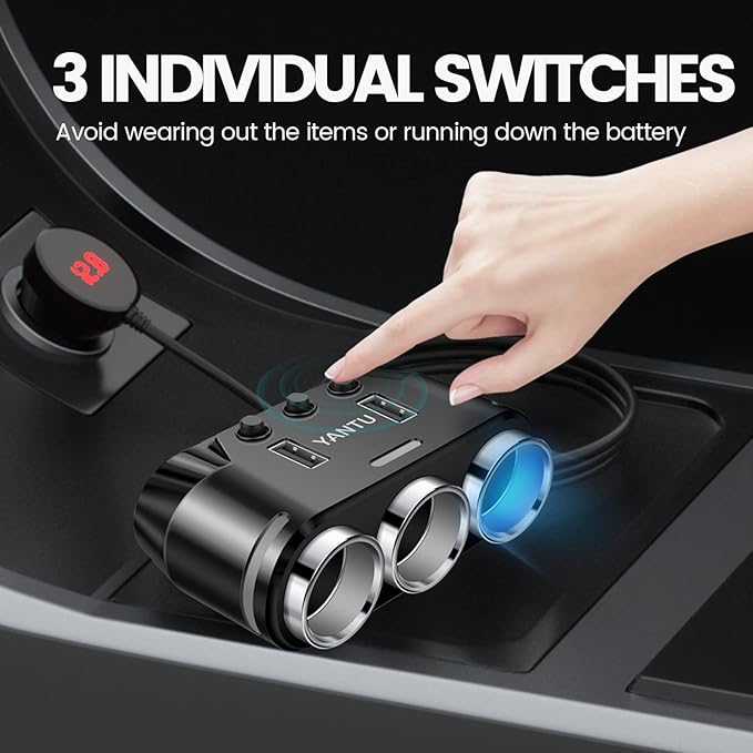 YANTU Cigarette Lighter Adapter & Splitter with 150W 3-Sockets & LED Ambient Lighting, Dual USB Fast Charging Car Outlet 12V, Car Cigarette Lighter Socket Plug Extension for Vehicles