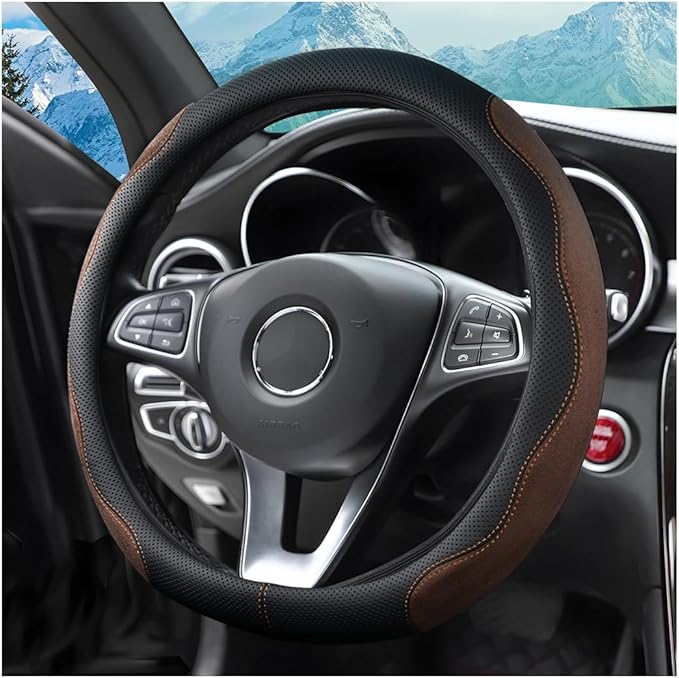 zipelo 14.5"-15" Car Steering Wheel Cover, Auto Interior Wheel Protector with Durable Soft Breathable Anti-Slip Linging Leather, Universal for Vehicles Trucks SUVs Accessories for Men Women (Coffee)