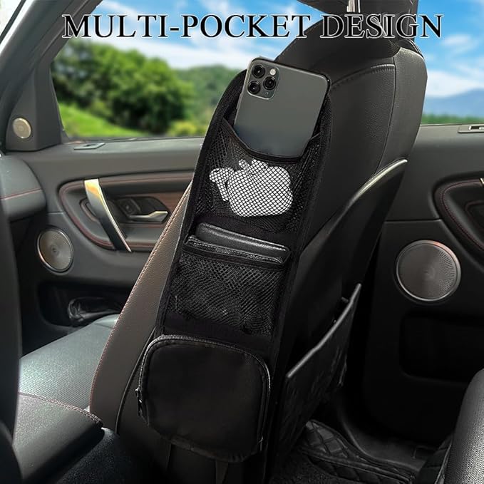2PCS Car Seat Side Organizer, Seat Side Storage Pocket, Multifunctional Mesh Net Pocket, Car Multi-Pockets Backseat Organizer Side Hanging Bag for Storage Coins, Cell Phones (Black, 2PCS)